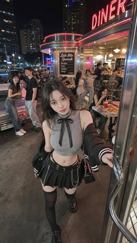 A woman in a gray cropped top, dark pleated skirt and jacket stands at a neon-lit diner doorway.