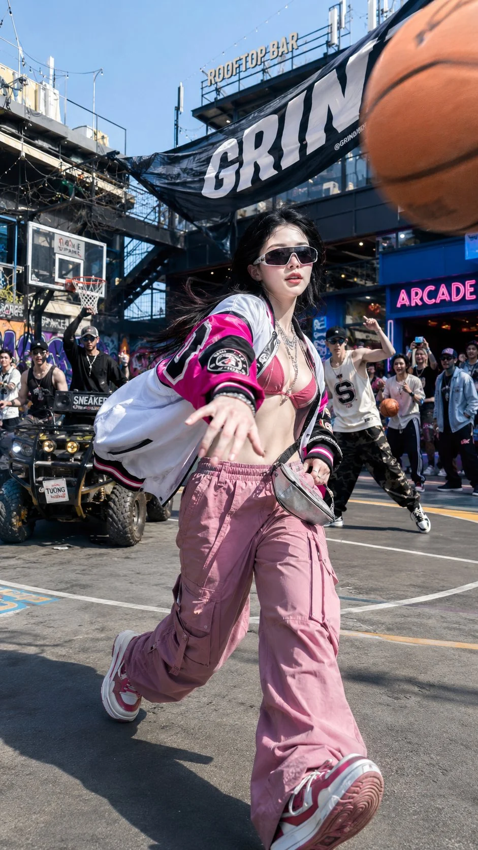 A woman in pink streetwear steps across an outdoor basketball area as a ball passes close to the camera.