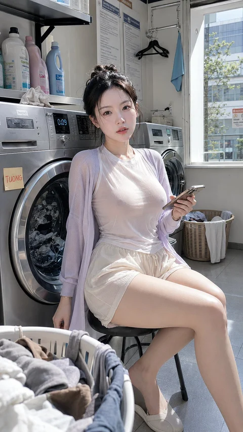 A woman in a pale top, cardigan and shorts sits beside a washing machine holding her phone.