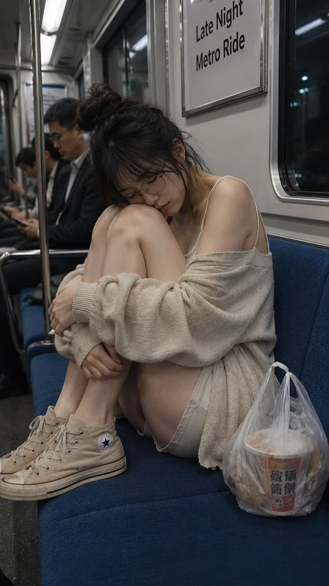 A shopping bag rests beside a woman curled up on a blue train seat in a loose beige outfit.