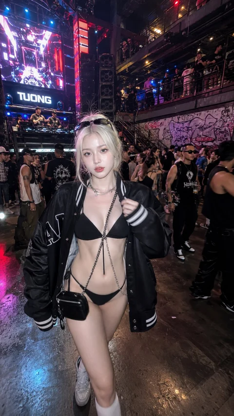 A blonde woman in black swimwear, a dark varsity jacket and white boots stands on a crowded nightclub floor.