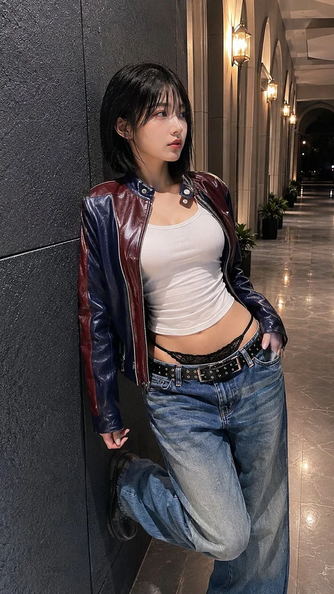 Near a lit walkway, a person in jeans, a white cropped top and a striped jacket leans against a dark wall.
