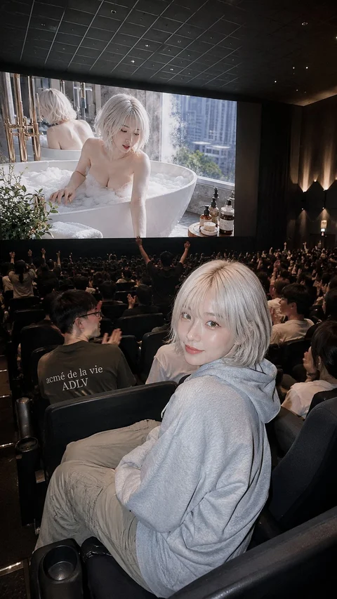 A person with light hair turns from a cinema seat while a bathtub scene plays on the large screen.