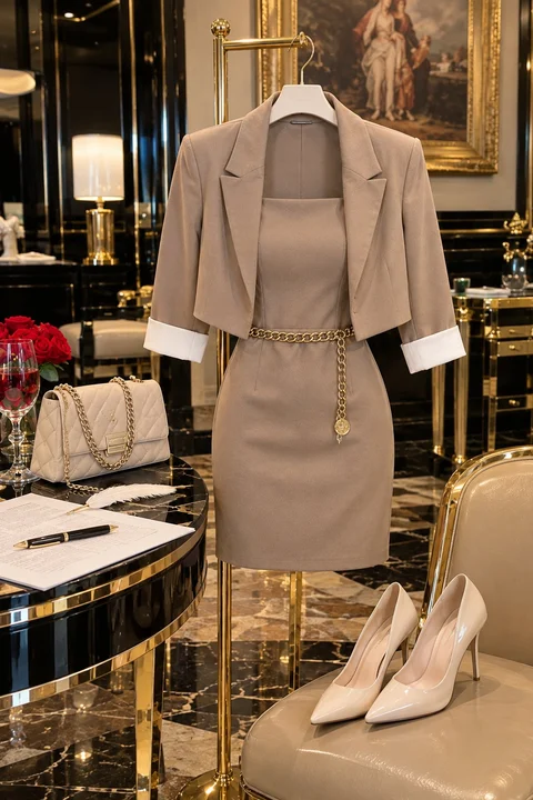 A beige blazer and matching fitted dress are displayed with a chain belt, handbag and light pumps beside a dark table.