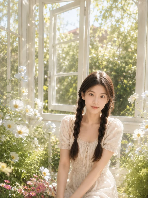 Woman in an ivory dress in a sunlit greenhouse