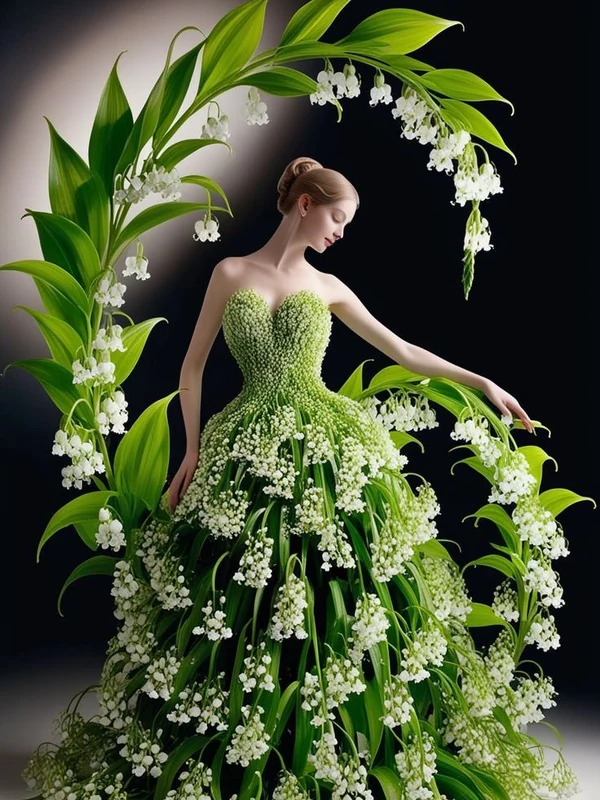 Sculptural green gown with lily flowers
