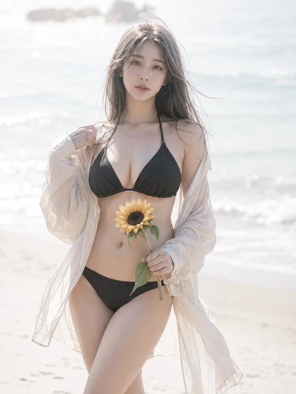 Beach portrait with a sunflower