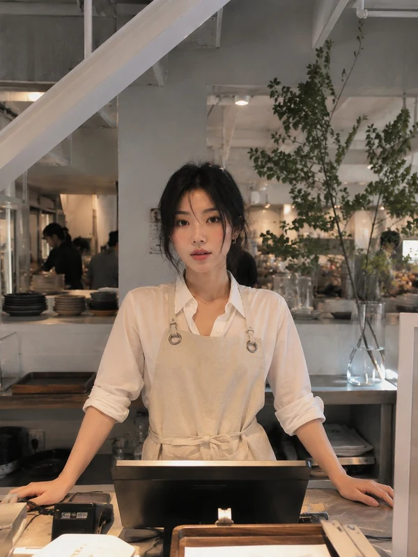Woman at a sunlit cafe counter