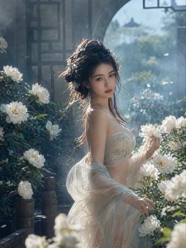 Ivory gown in a flower-filled stone courtyard
